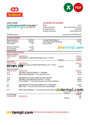 editable template, Malaysia AmBank bank statement Excel and PDF template