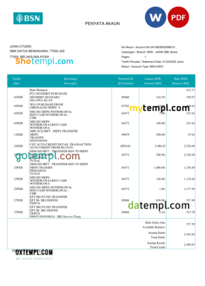 editable template, Malaysia BSN bank account statement (penyata akaun), Word and PDF template (in English and in Malay languages)