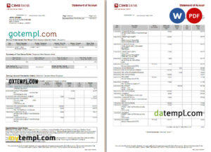 editable template, Malaysia CIMB bank statement Word and PDF template, 2 pages