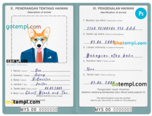 FREE editable template, Malaysia dog (animal, pet) passport PSD template, completely editable