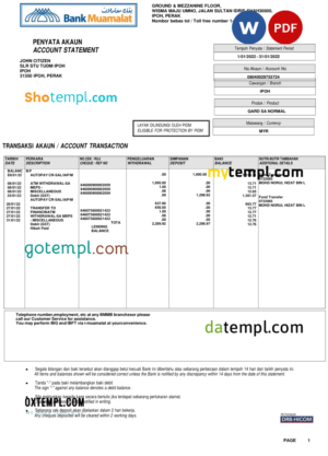 editable template, Malaysia Bank Muamalat bank account statement, Word and PDF template