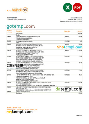 editable template, Mali Banque Atlantiaque bank statement Excel and PDF template
