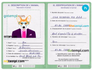 FREE editable template, Mali dog (animal, pet) passport PSD template, completely editable