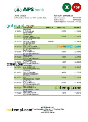 editable template, Malta APS bank statement Excel and PDF template