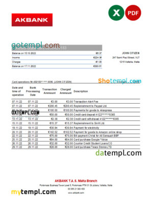 editable template, Malta Akbank bank statement Excel and PDF template