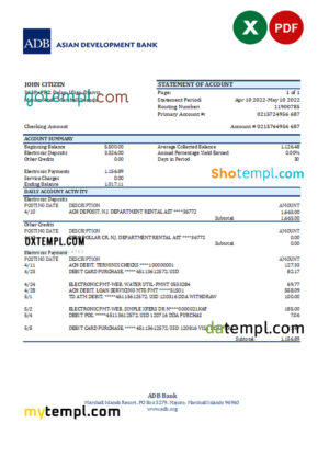 editable template, Marshall Islands ADB bank statement Excel and PDF template