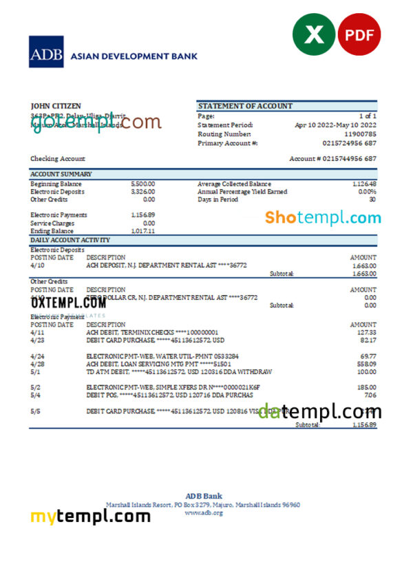 editable template, Marshall Islands ADB bank statement Excel and PDF template