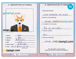 FREE editable template, Marshall Islands dog (animal, pet) passport PSD template, fully editable
