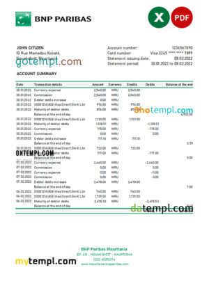 editable template, Mauritania BNP Paribas bank statement Excel and PDF template