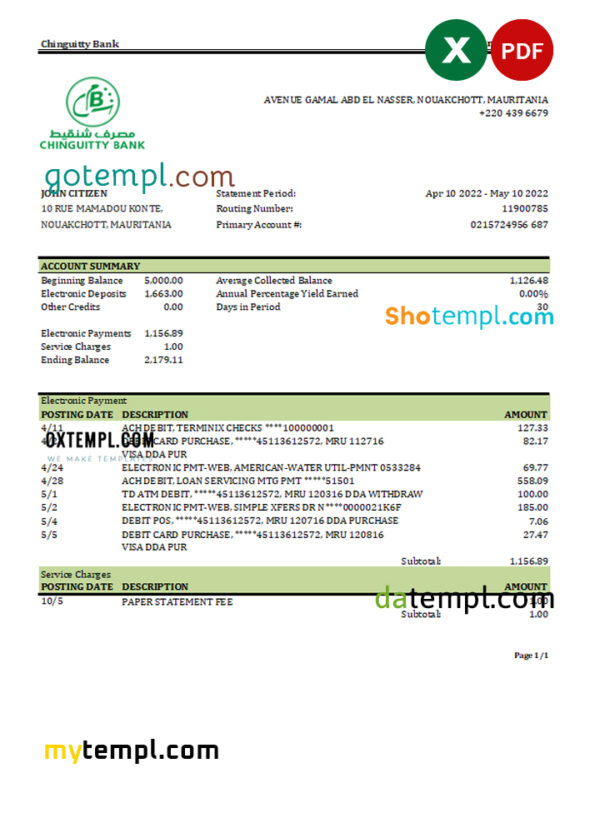 editable template, Mauritania Chinguitty bank statement Excel and PDF template