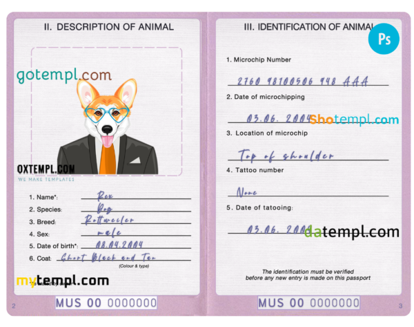 FREE editable template, Mauritius dog (animal, pet) passport PSD template, fully editable
