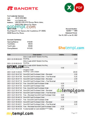 editable template, Mexico Banorte bank statement Excel and PDF template