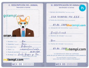 FREE editable template, Mexico dog (animal, pet) passport PSD template, completely editable