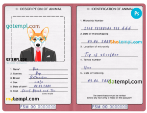 FREE editable template, Micronesia dog (animal, pet) passport PSD template, fully editable