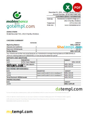 editable template, Moldova Mobiasbanca bank statement Excel and PDF template