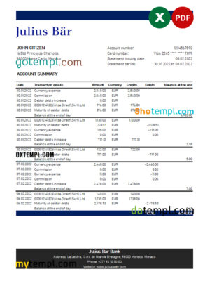 editable template, Monaco Julius Bar bank statement Excel and PDF template
