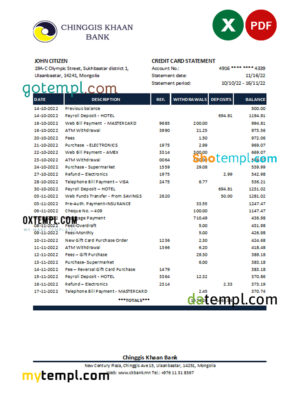 editable template, Mongolia Chinggis Khaan bank Excel and PDF template