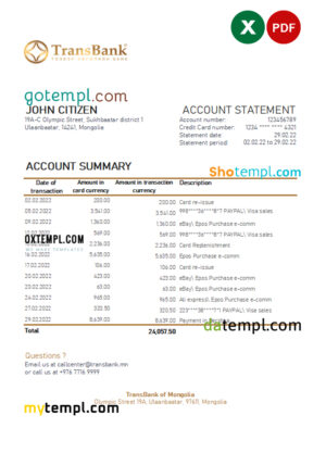 editable template, Mongolia Transbank bank statement Excel and PDF template