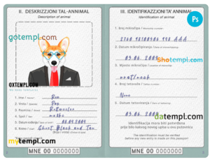 FREE editable template, Montenegro dog (animal, pet) passport PSD template, fully editable