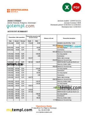 editable template, Montenegro Hipotekarna bank statement Excel and PDF template
