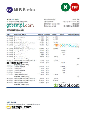 editable template, Montenegro NLB bank statement Excel and PDF template