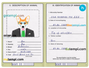 FREE editable template, Myanmar dog (animal, pet) passport PSD template, completely editable