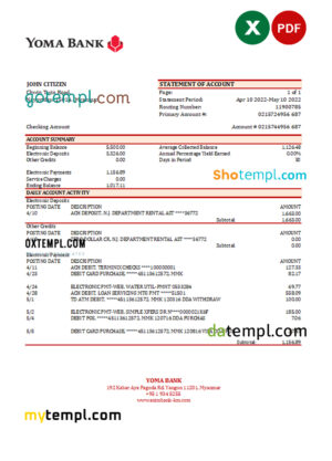 editable template, Myanmar Yoma bank statement Excel and PDF template