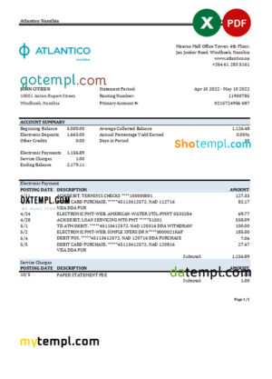 editable template, Namibia Atlantico bank statement Excel and PDF template