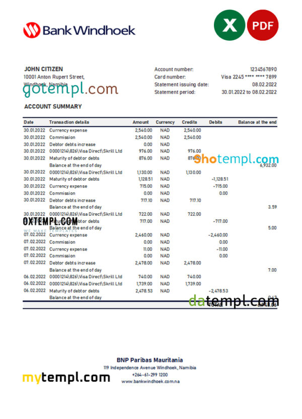 editable template, Namibia Bank Windhoek bank statement Excel and PDF template