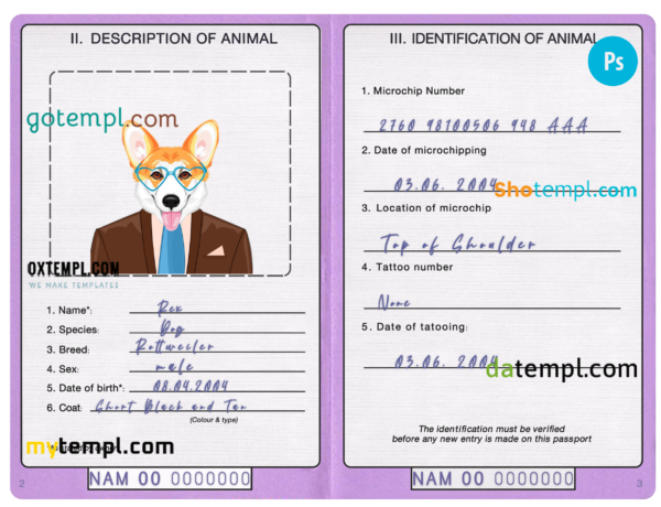 FREE editable template, Namibia dog (animal, pet) passport PSD template, fully editable