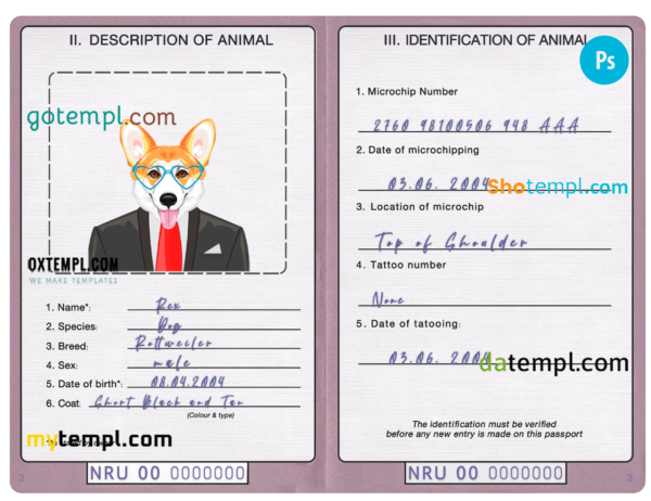 FREE editable template, Nauru dog (animal, pet) passport PSD template, fully editable