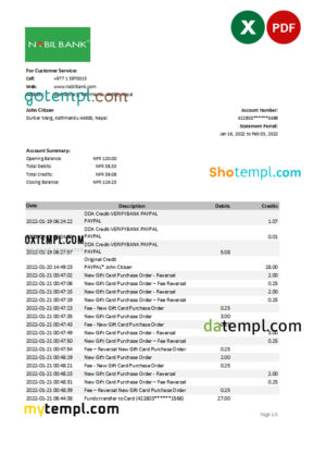editable template, Nepal Nabil bank statement Excel and PDF template