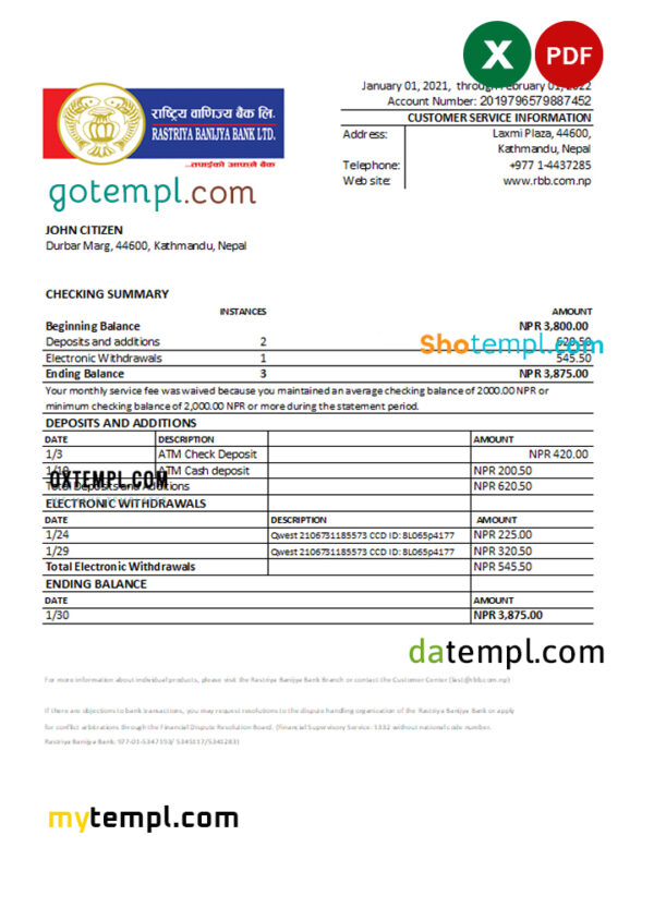 editable template, Nepal Rastriya Banijya bank statement Excel and PDF template