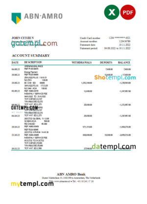 editable template, Netherlands ABN AMRO bank statement Excel and PDF template