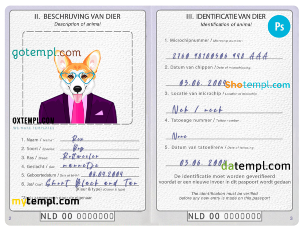 FREE editable template, Netherlands dog (animal, pet) passport PSD template, fully editable
