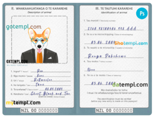 FREE editable template, New Zealand dog (animal, pet) passport PSD template, fully editable