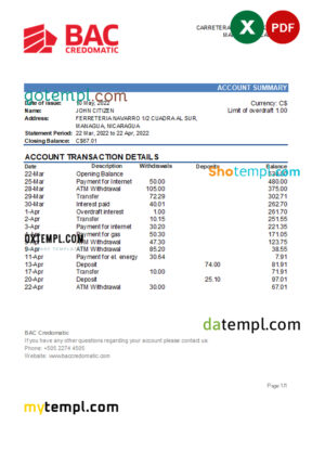 editable template, Nicaragua BAC Credomatic bank statement Excel and PDF template