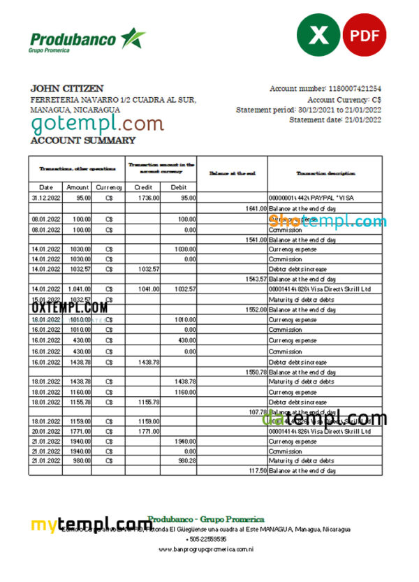 editable template, Nicaragua Banco de la Producción bank statement Excel and PDF template