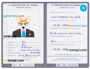 FREE editable template, Nicaragua dog (animal, pet) passport PSD template, fully editable