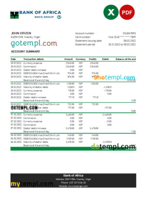 editable template, Niger Bank of Africa bank statement Excel and PDF template