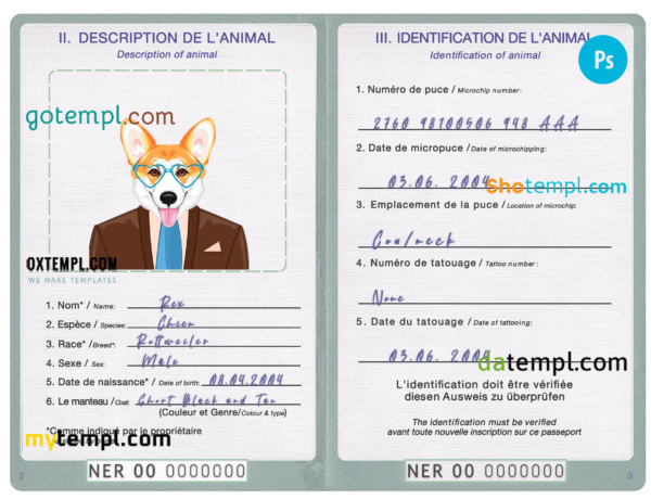 FREE editable template, Niger dog (animal, pet) passport PSD template, completely editable