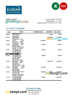 editable template, Niger Ecobank bank statement Excel and PDF template