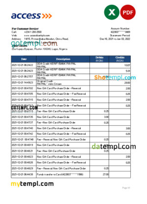editable template, Nigeria Access bank statement Excel and PDF template