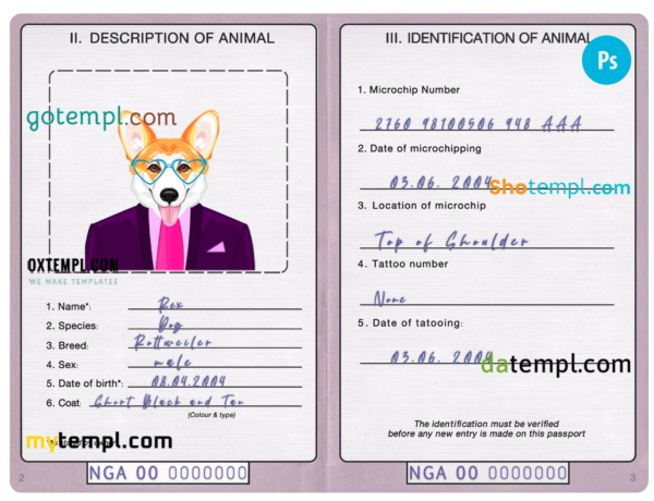 FREE editable template, Nigeria dog (animal, pet) passport PSD template, fully editable