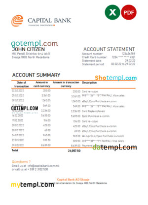 editable template, North Macedonia Capital Bank statement Excel and PDF template