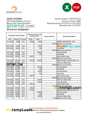 editable template, North Macedonia Stater Banka bank statement Excel and PDF template