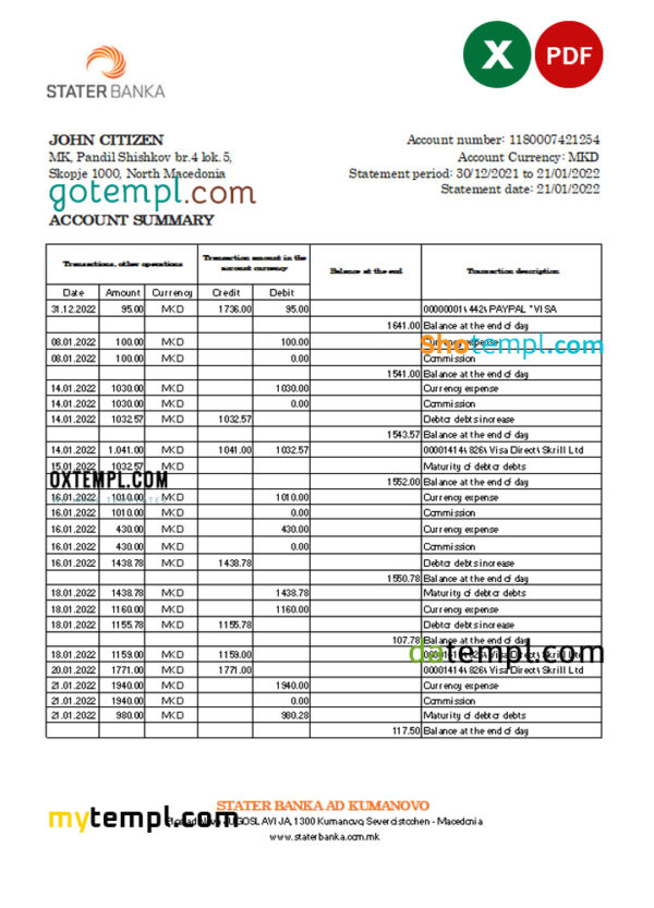 editable template, North Macedonia Stater Banka bank statement Excel and PDF template