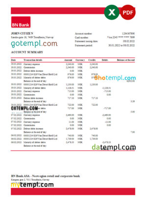 editable template, Norway BN Bank statement Excel and PDF template