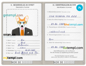 FREE editable template, Norway dog (animal, pet) passport PSD template, fully editable