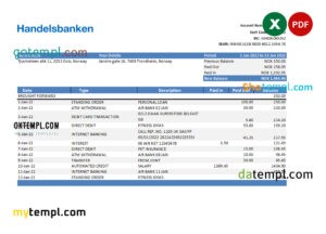 editable template, Norway Handelsbank statement Excel and PDF template